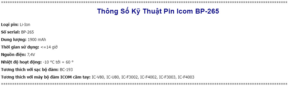 Pin Icom BP-265 dùng cho bộ đàm icom V80, U80, F3003 và F4003 THONG SO KY THUAT PIN ICOM BP 265